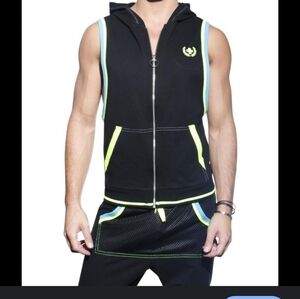 ANDREW CHRISTIAN "BLAZE" SLEEVELESS HOODIE black neon trim full zip sweatshirt S
